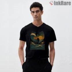Wu Tang Sea Wave Sunset Art Shirt on black v-neck shirt for men graphic tee