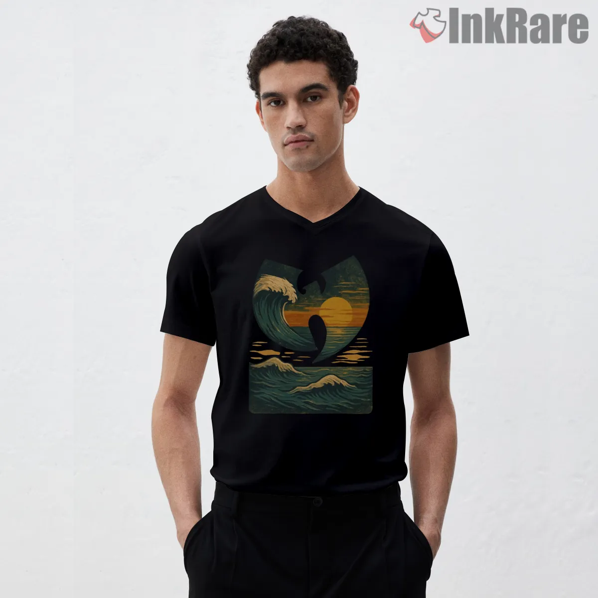 Wu Tang Sea Wave Sunset Art V Neck Black Wu Tang Sea Wave Sunset Art Shirt on black v-neck shirt for men graphic tee