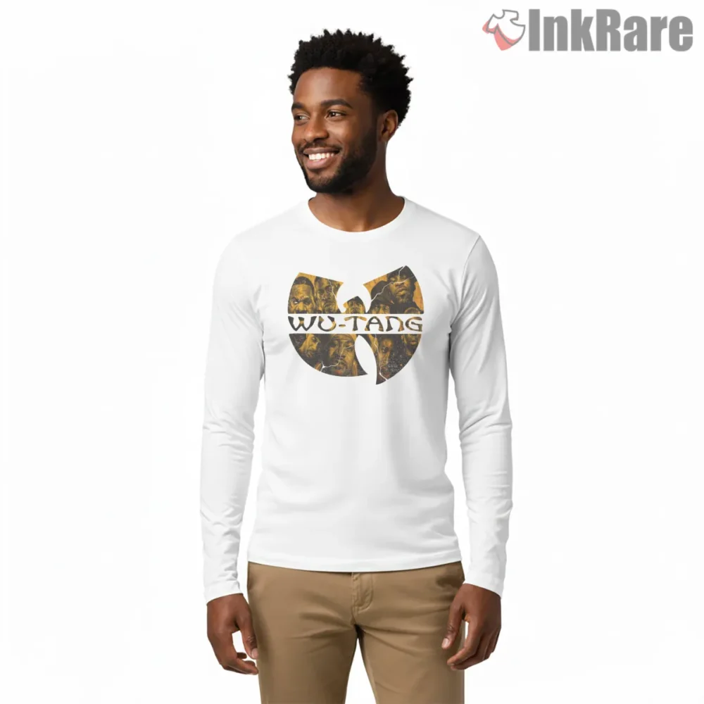 Wu Tang Sepia Portrait Collage Emblem Shirt on white long sleeve shirt for men graphic tee