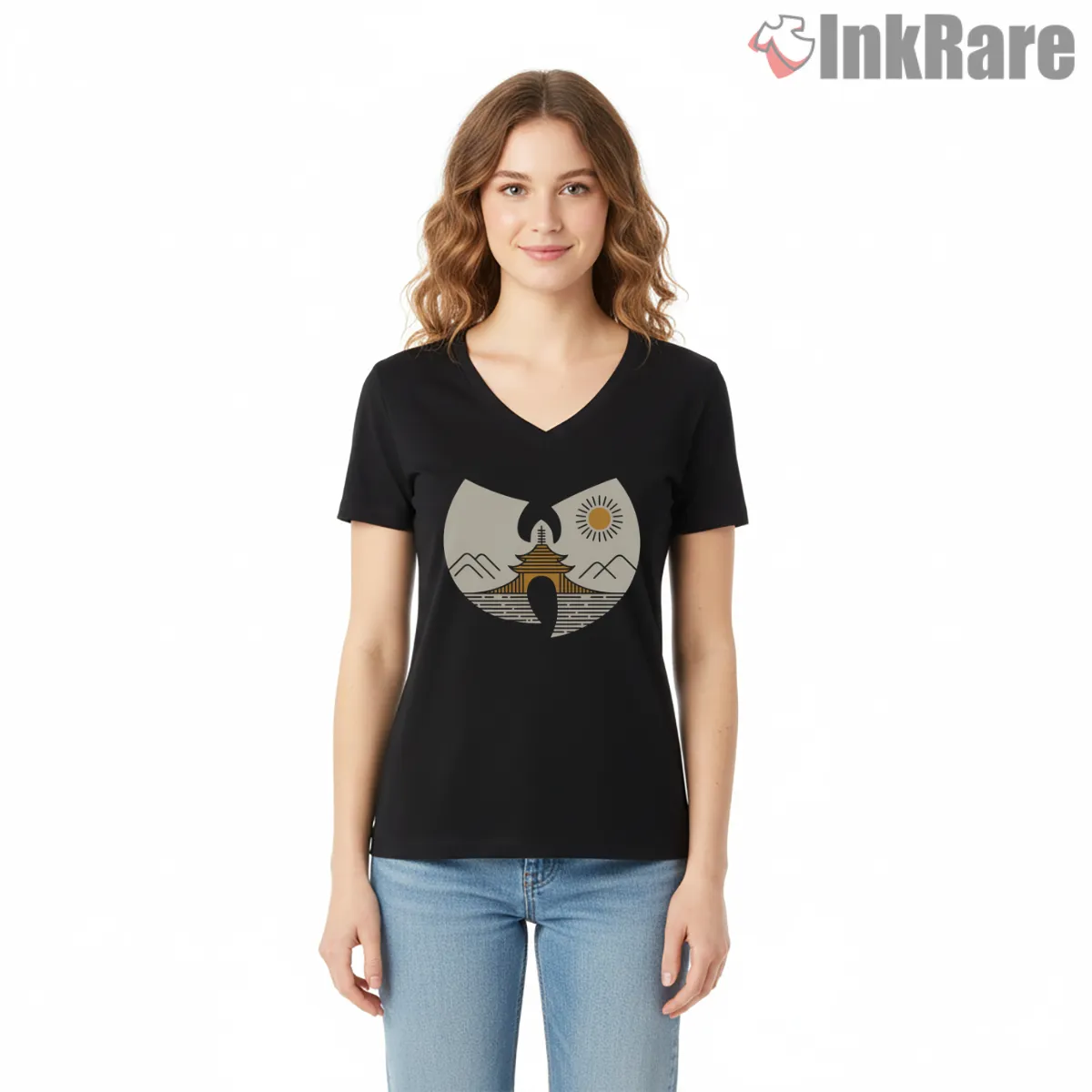Wu Tang Shaolin Temple Sunrise Logo V Neck Black Wu Tang Shaolin Temple Sunrise Logo Shirt on black v-neck shirt for women graphic tee