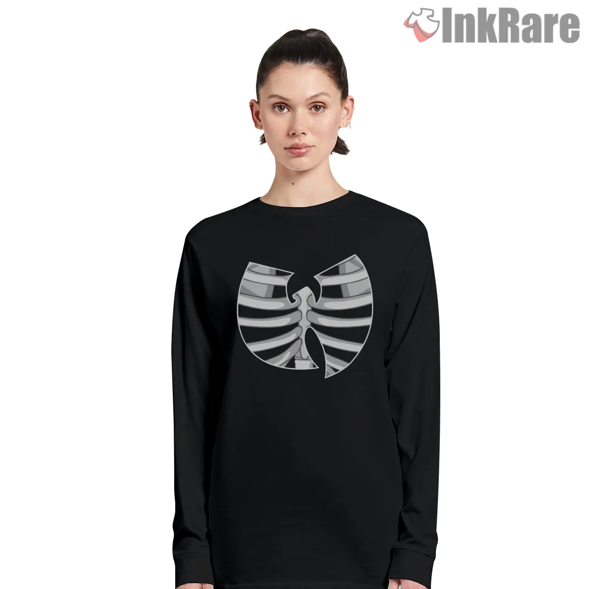 Wu Tang Skeleton Ribcage Logo Shirt on black long sleeve shirt for women graphic tee