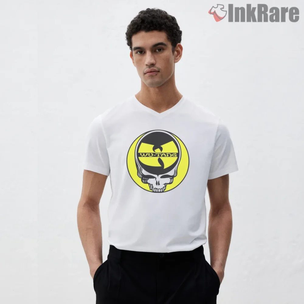 Wu Tang Skull Mashup Psychedelic Icon Shirt on white v-neck shirt for men graphic tee