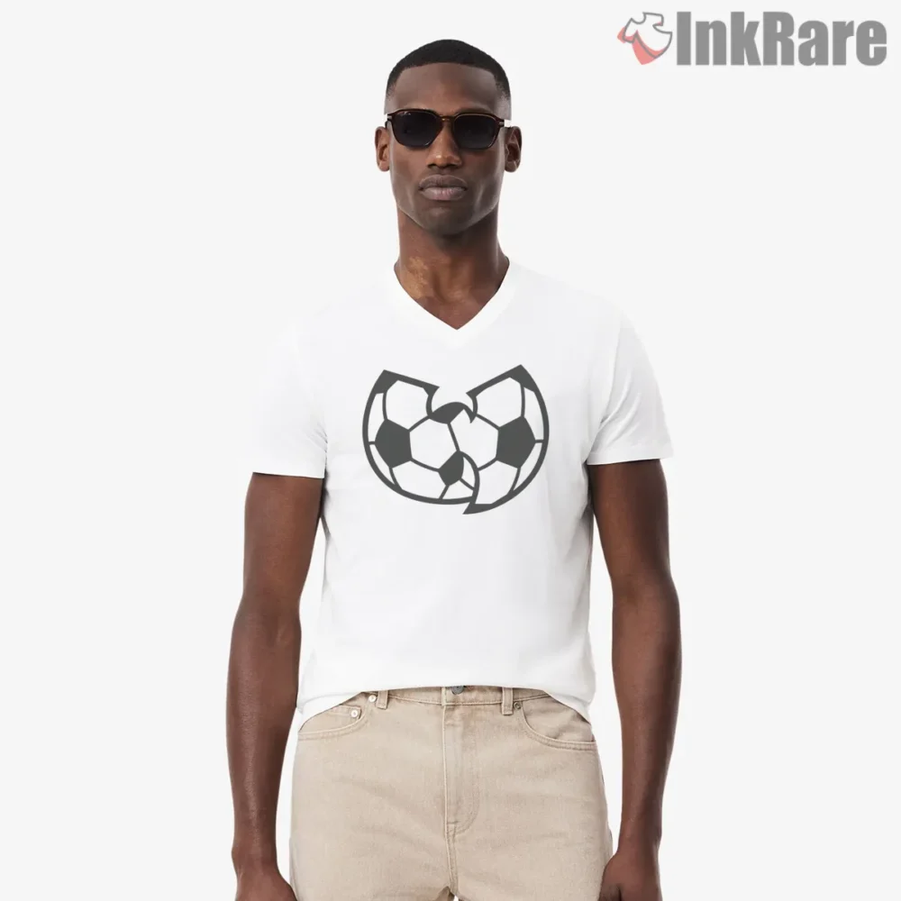 Wu Tang Soccer Ball Pattern Sport Shirt on white v-neck shirt for men graphic tee