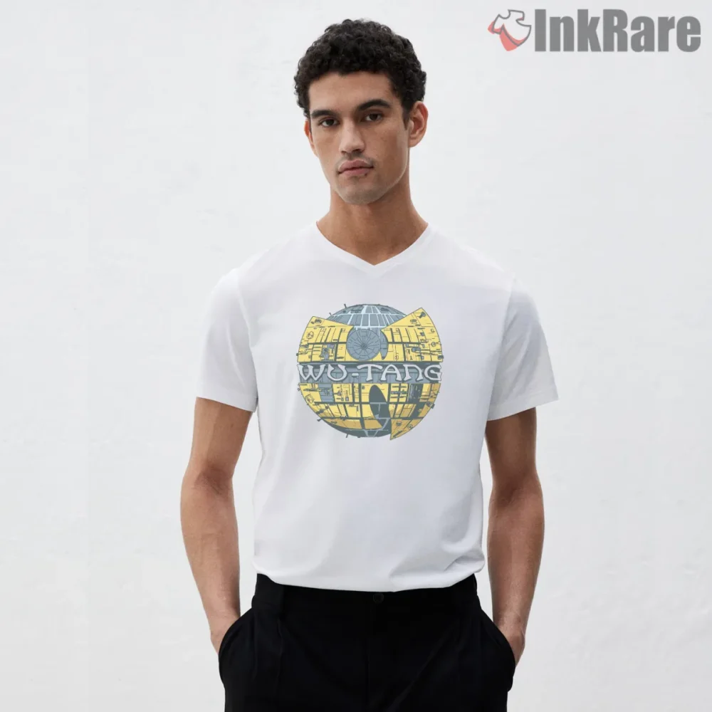 Wu Tang Space Station Blueprint Mashup Shirt on white v-neck shirt for men graphic tee