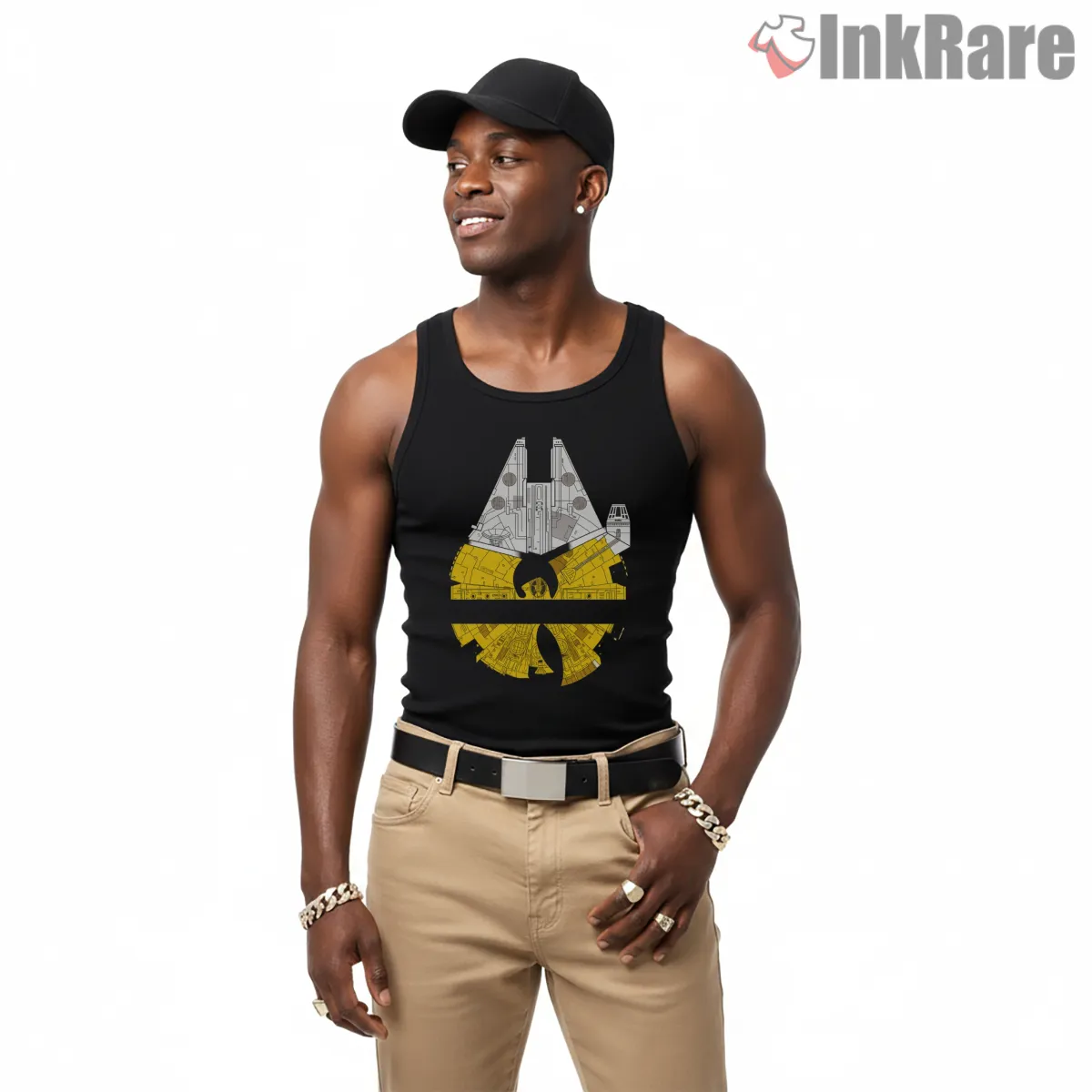 Wu Tang Spacecraft Blueprint Shirt on black tank top for men graphic tee
