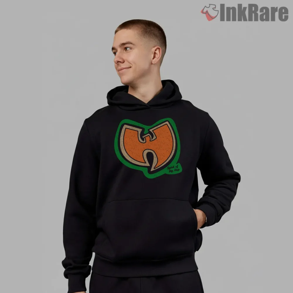 Wu Tang Spirit Of Hip Hop Logo Shirt on black hoodie for men graphic tee