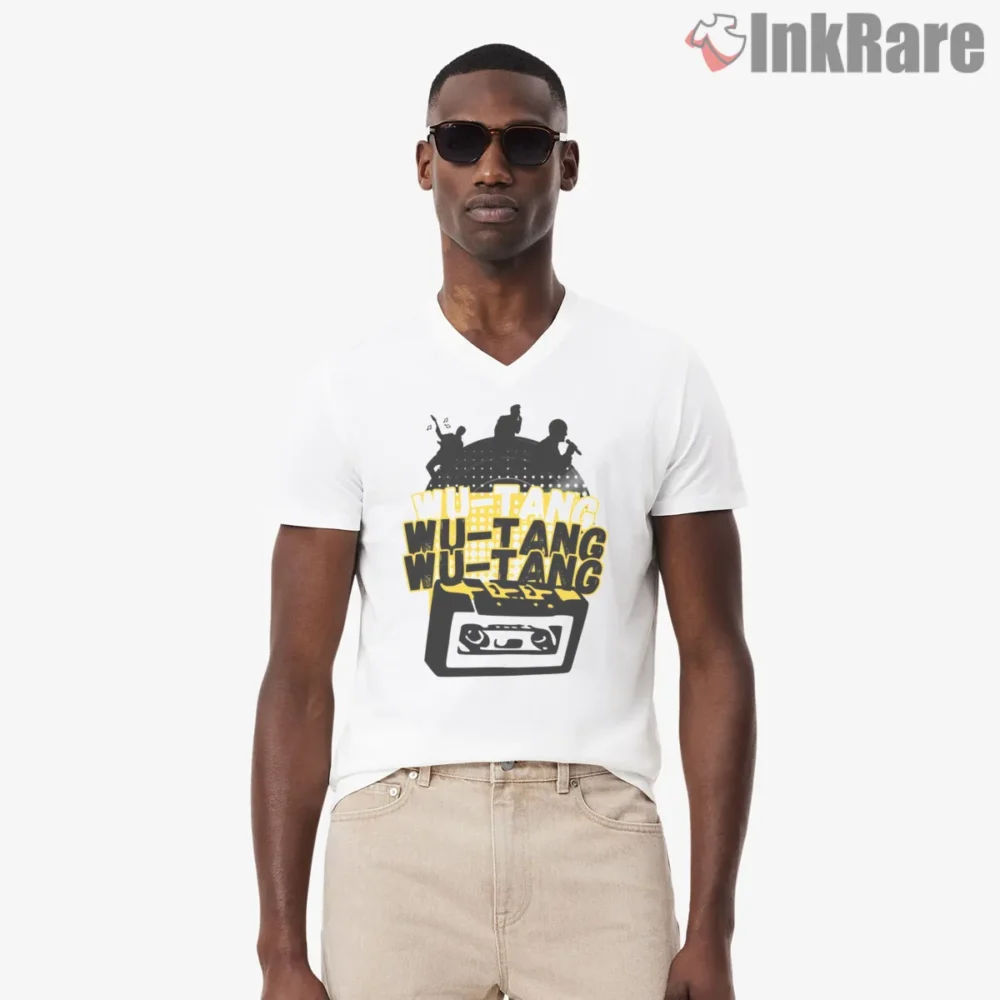 Wu Tang Stack Letter Cassette Hip Hop Shirt on white v-neck shirt for men graphic tee