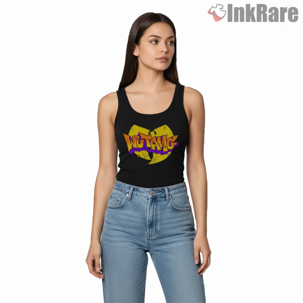 Wu Tang Street Art Wildstyle Lettering Shirt on black tank top for women graphic tee