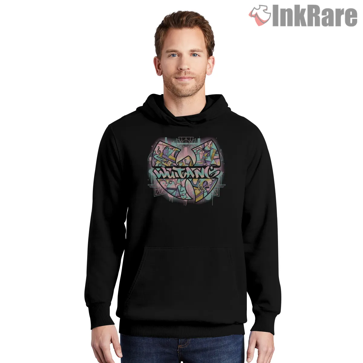 Wu Tang Street Art Wordmark Shirt on black hoodie for men graphic tee