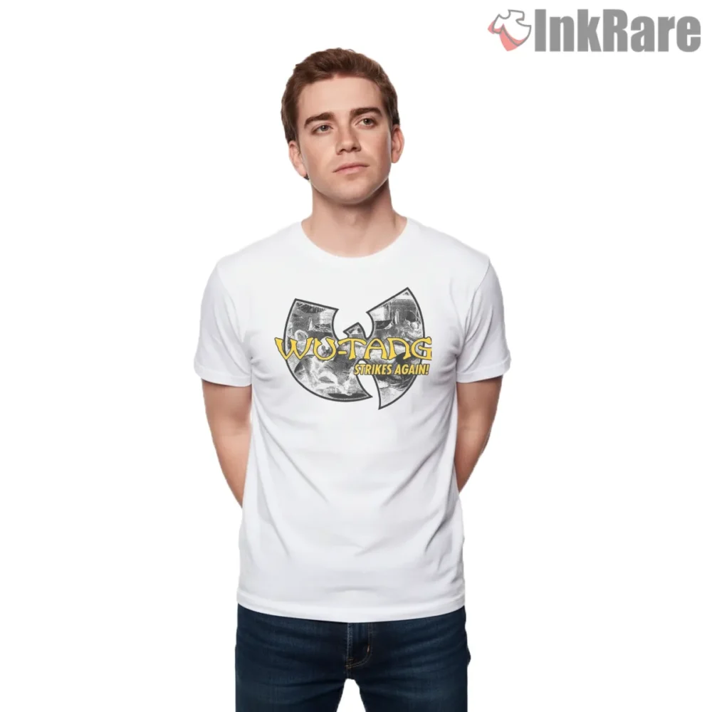 Wu Tang Strikes Again Grunge Banner Shirt on white short sleeve shirt for men graphic tee