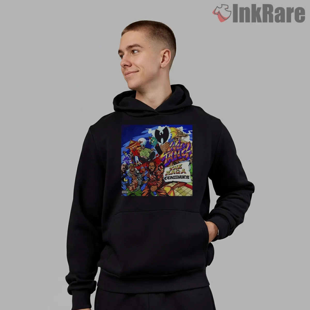 Wu Tang The Saga Continues Comic Collage Hoodie Black Wu Tang The Saga Continues Comic Collage Shirt on black hoodie for men graphic tee