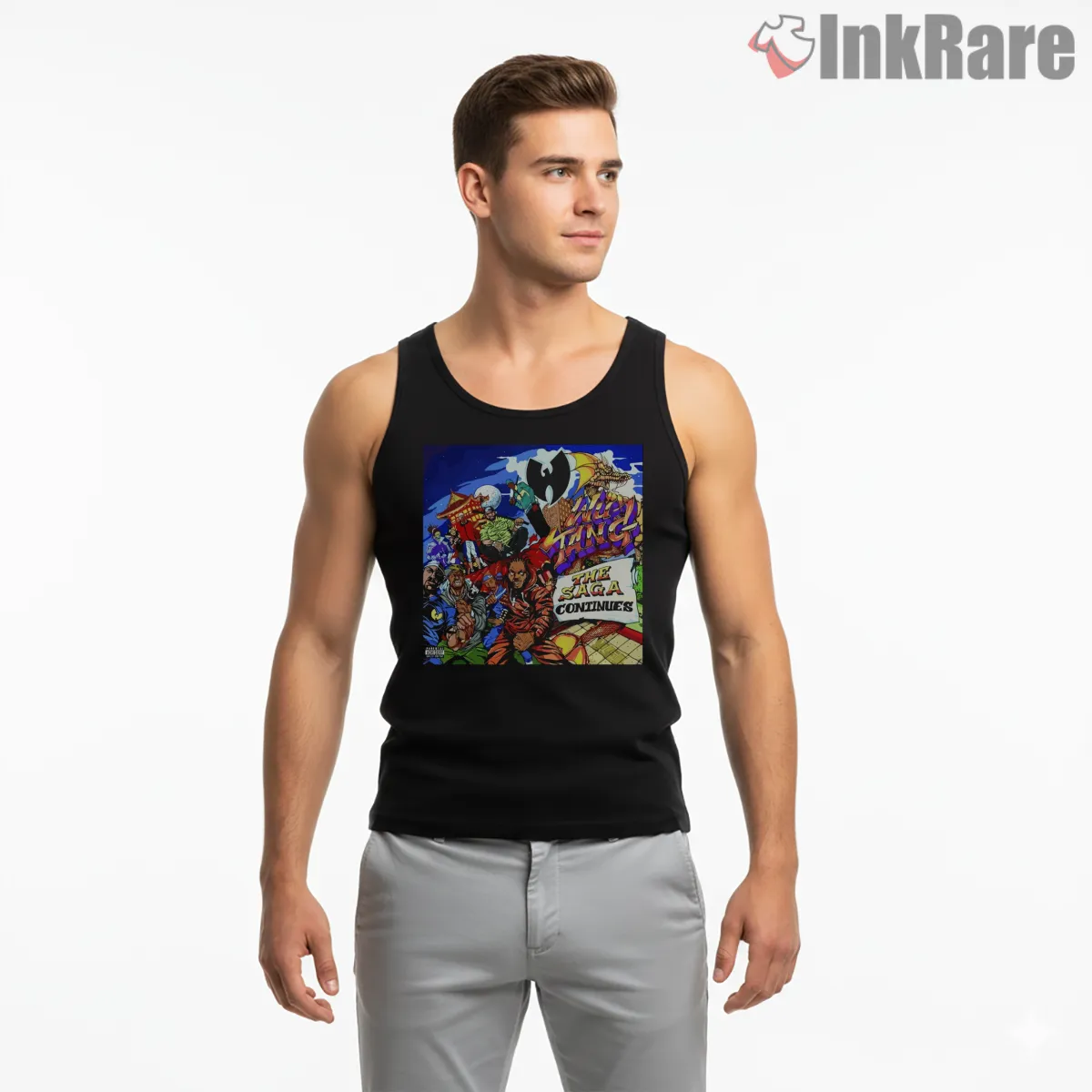 Wu Tang The Saga Continues Comic Collage Tank Top Black Wu Tang The Saga Continues Comic Collage Shirt on black tank top for men graphic tee
