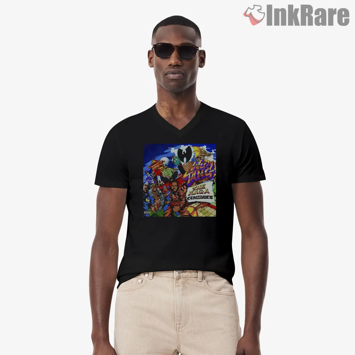 Wu Tang The Saga Continues Comic Collage V Neck Black Wu Tang The Saga Continues Comic Collage Shirt on black v-neck shirt for men graphic tee