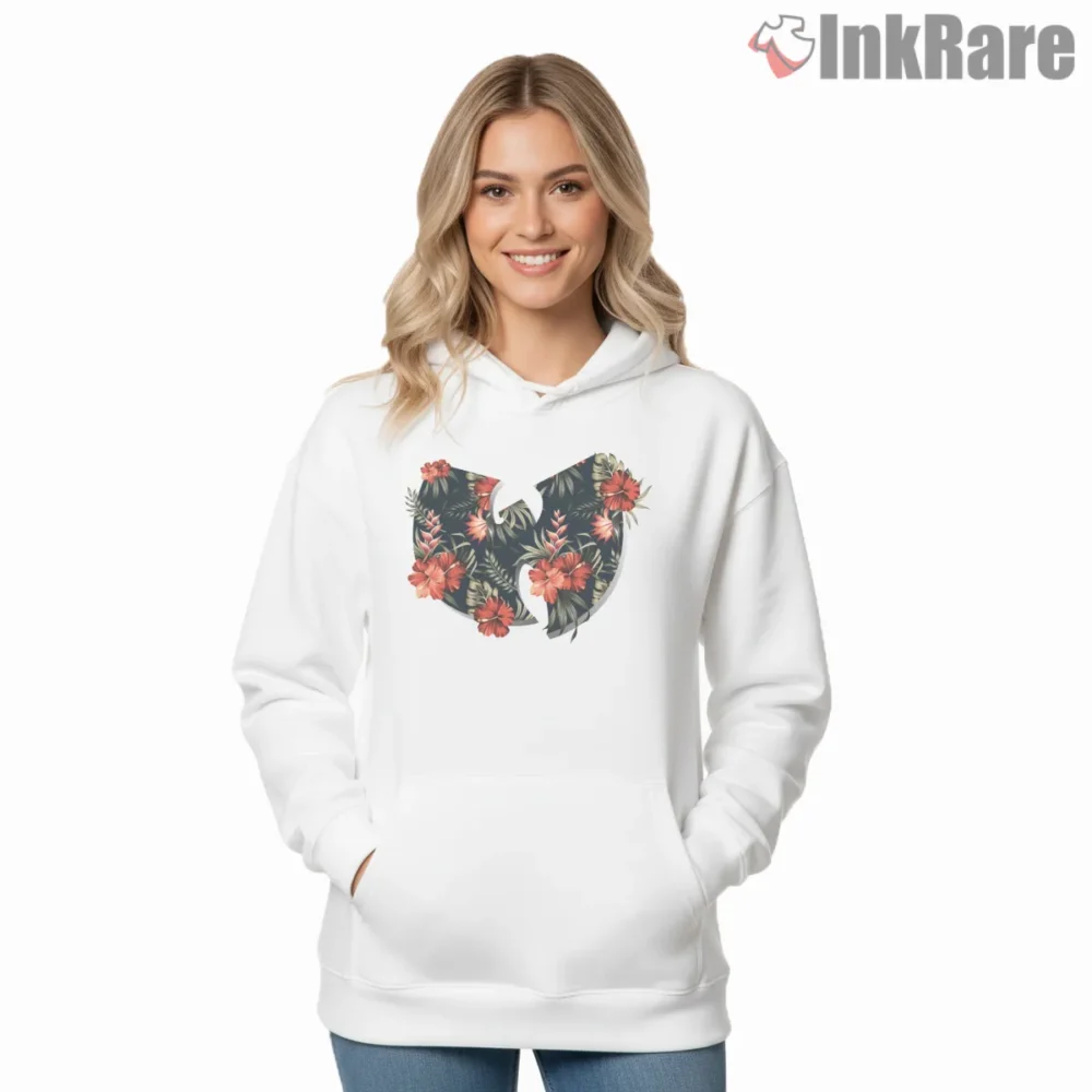 Wu Tang Tropical Hibiscus Floral Emblem Shirt on white hoodie for women graphic tee