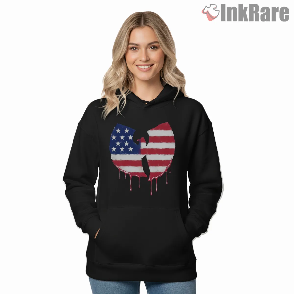 Wu Tang Usa Flag Drip Logo Shirt on black hoodie for women graphic tee