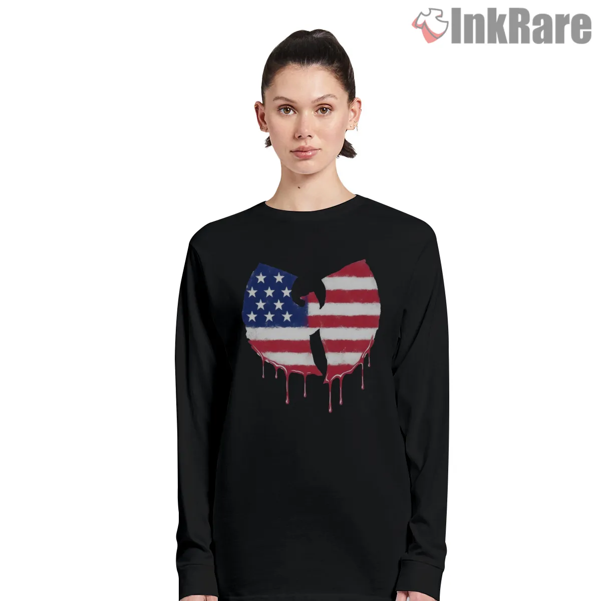 Wu Tang Usa Flag Drip Logo Long Sleeve Black Wu Tang Usa Flag Drip Logo Shirt on black long sleeve shirt for women graphic tee