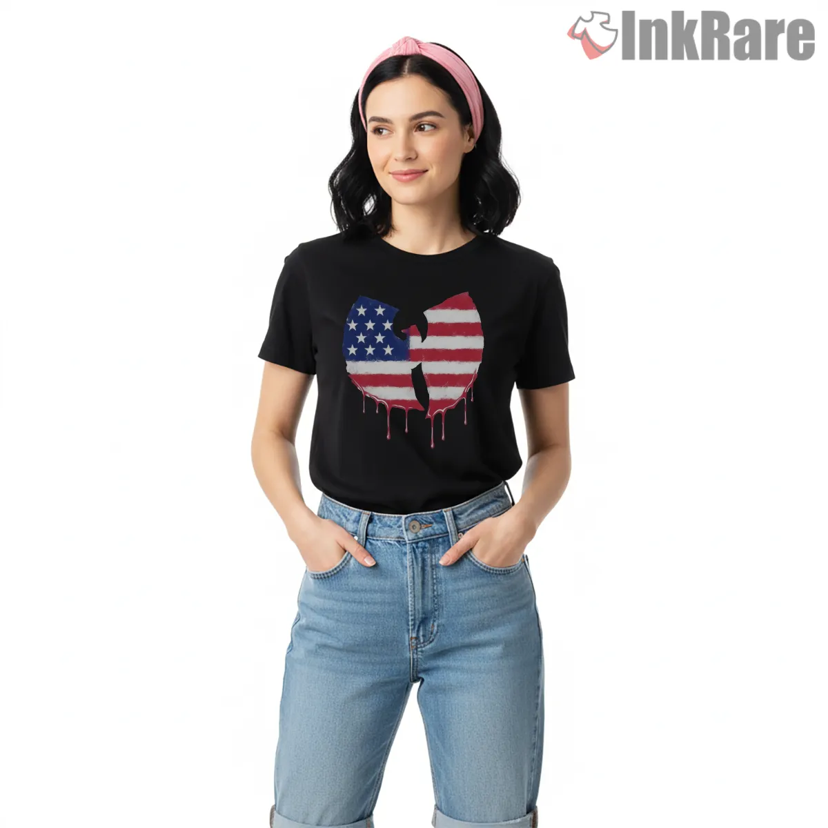 Wu Tang Usa Flag Drip Logo Short Sleeve Black Wu Tang Usa Flag Drip Logo Shirt on black short sleeve shirt for women graphic tee