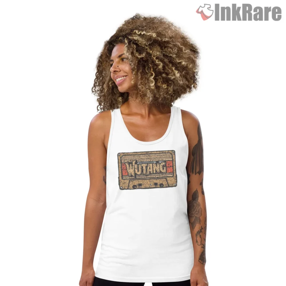 Wu Tang Vintage Cassette Tape Retro Music Shirt on white tank top for women graphic tee