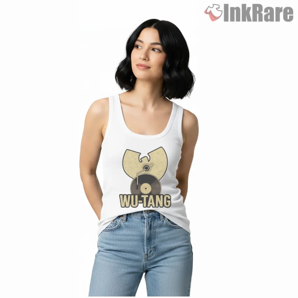 Wu Tang Vinyl Turntable Emblem Shirt on white tank top for women graphic tee