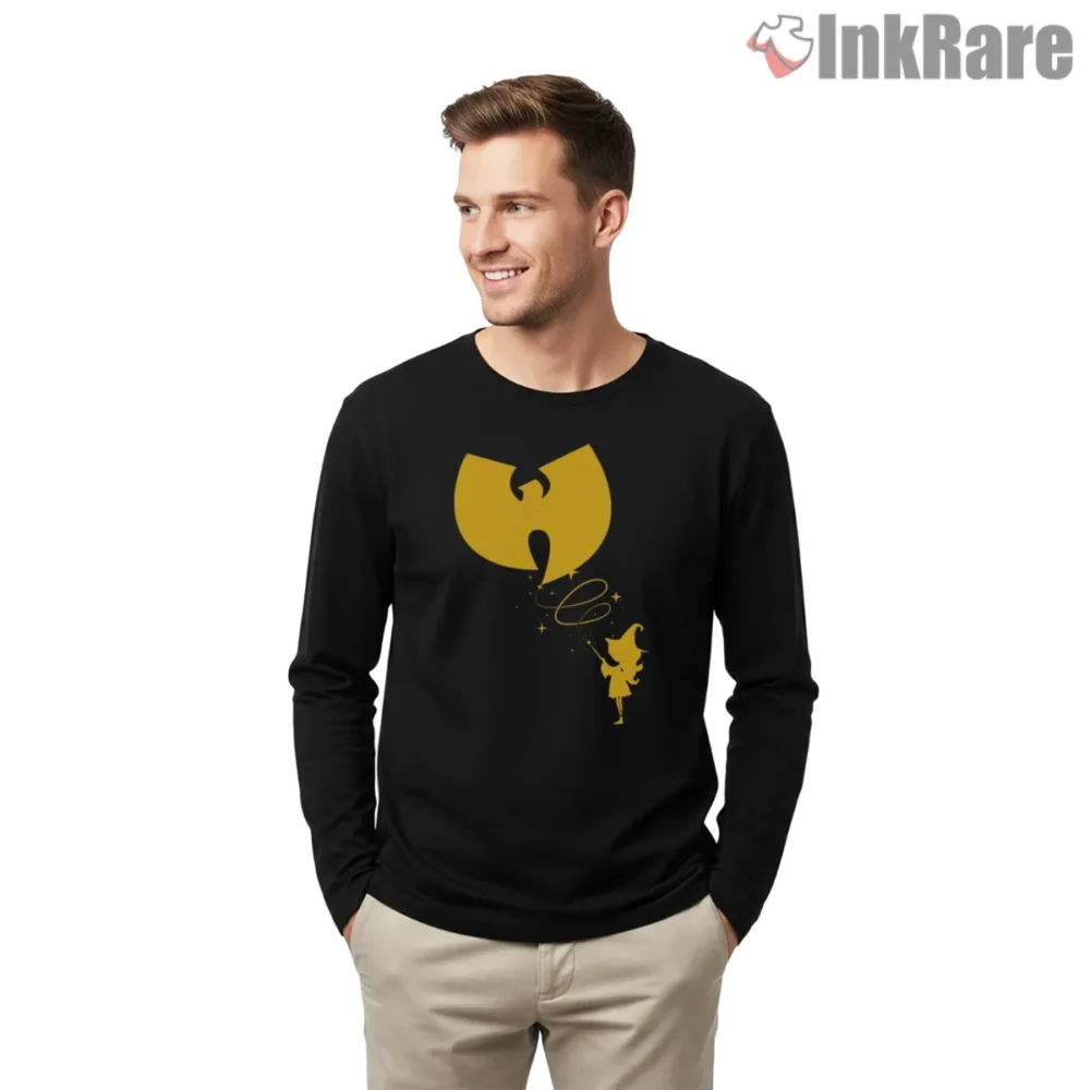 Wu Tang Witch Magic Sparkle Logo Shirt on black long sleeve shirt for men graphic tee