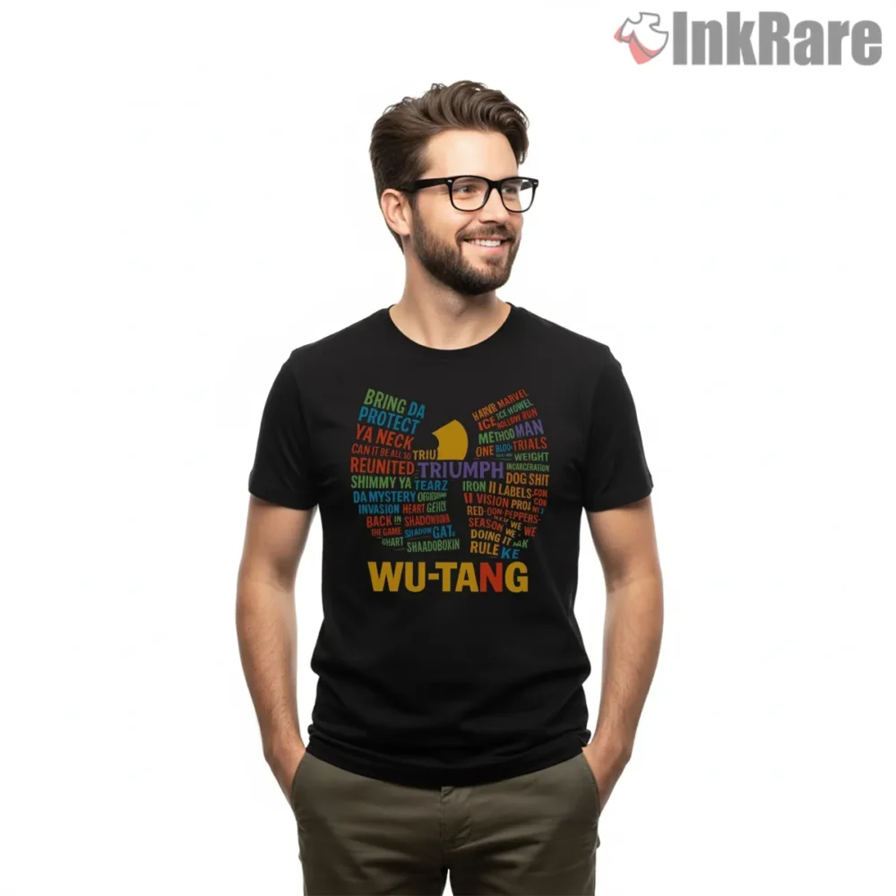 Wu Tang Word Cloud Pop Art Shirt on black short sleeve shirt for men graphic tee