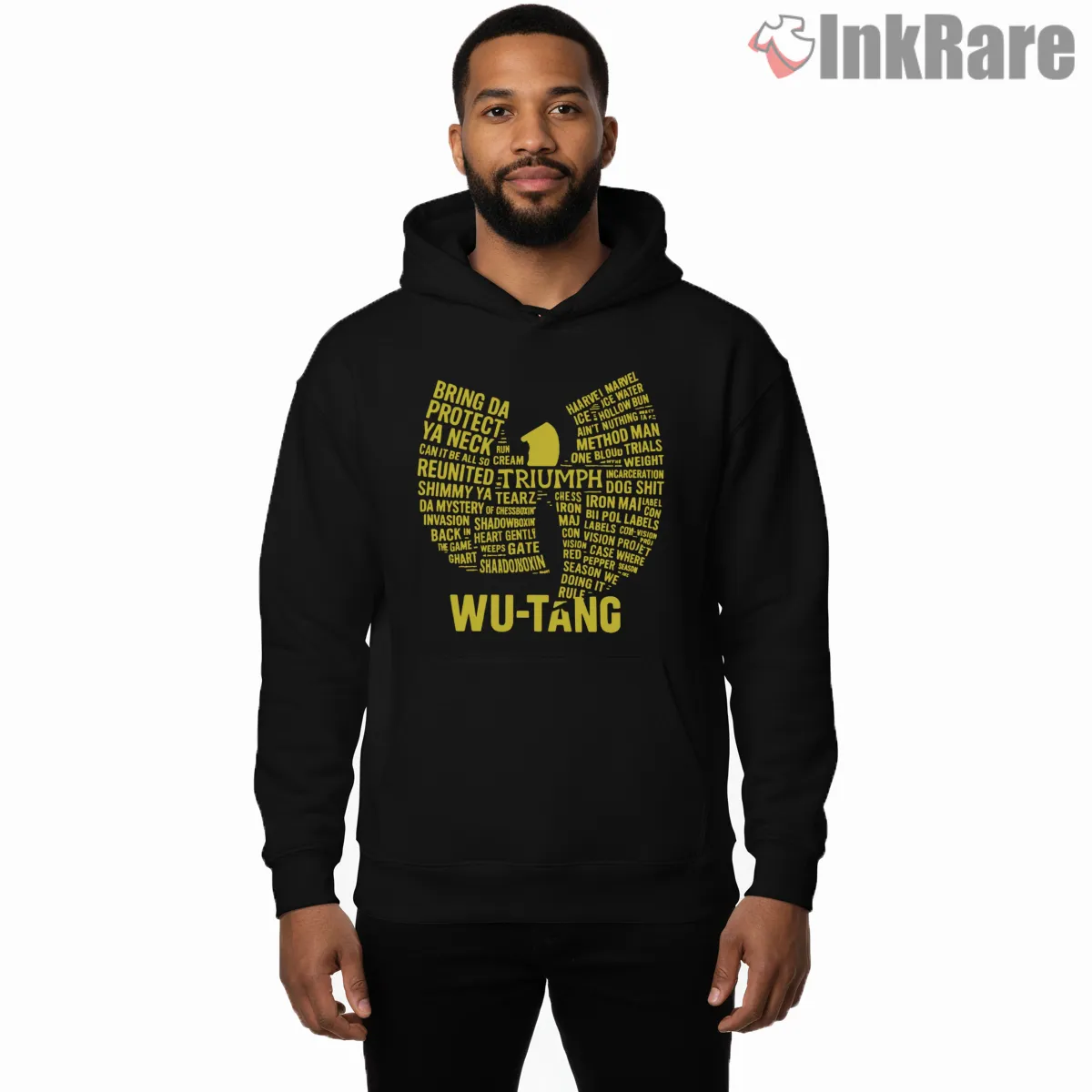 Wu Tang Word Cloud Tribute Logo Shirt on black hoodie for men graphic tee