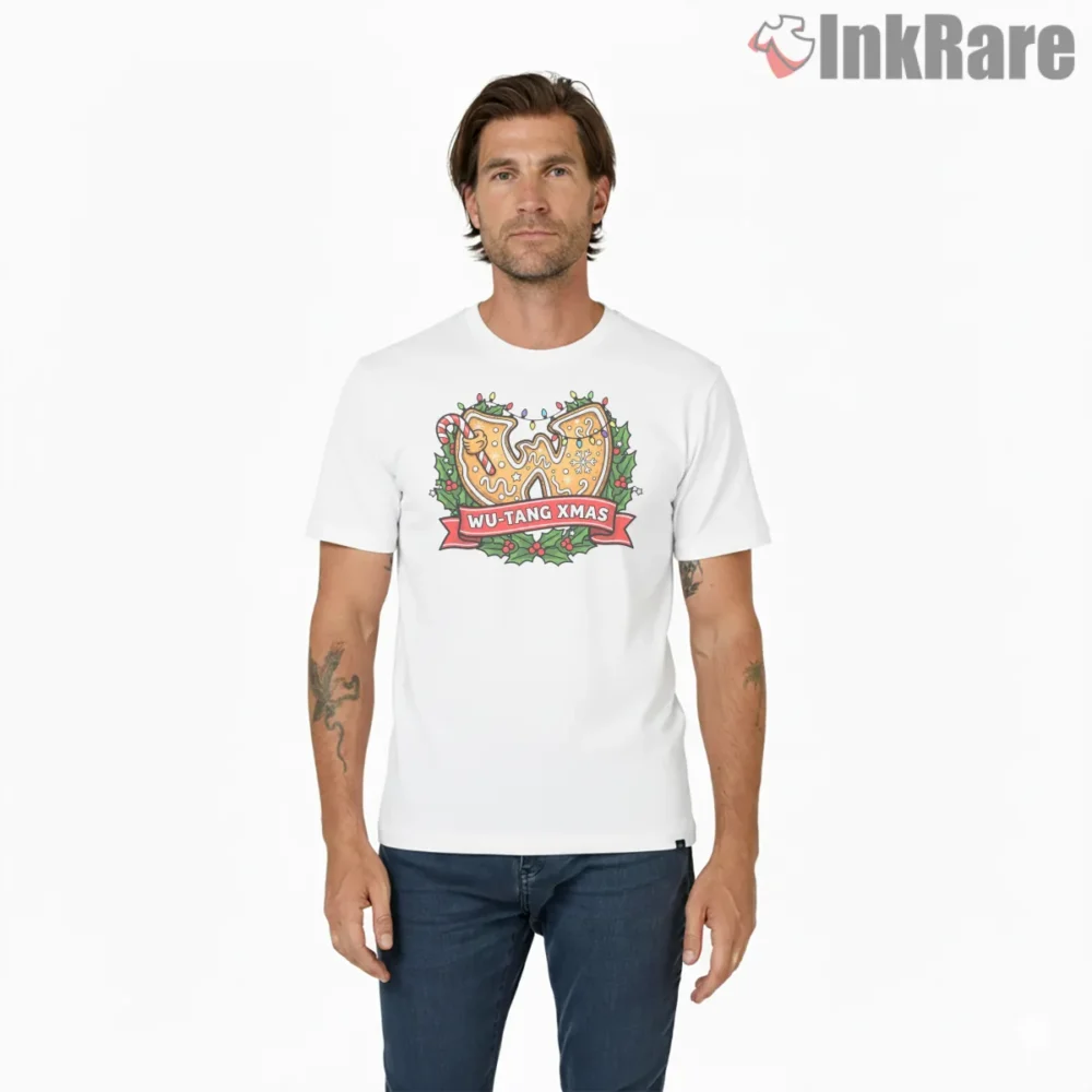 Wu Tang Xmas Gingerbread Cookie Crest Shirt on white short sleeve shirt for men graphic tee