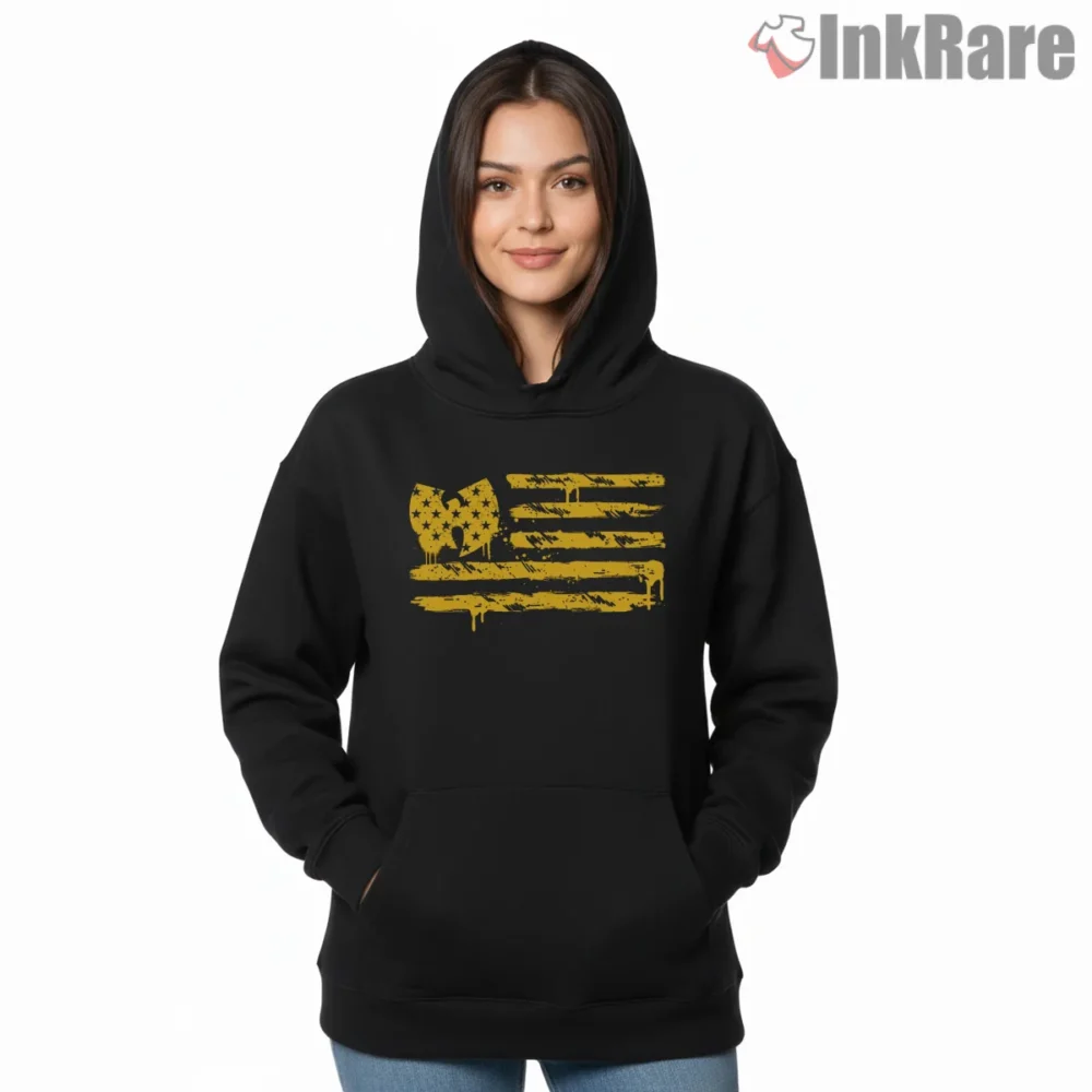 Wu Tang Yellow Flag Distressed Streetwear Shirt on black hoodie for women graphic tee