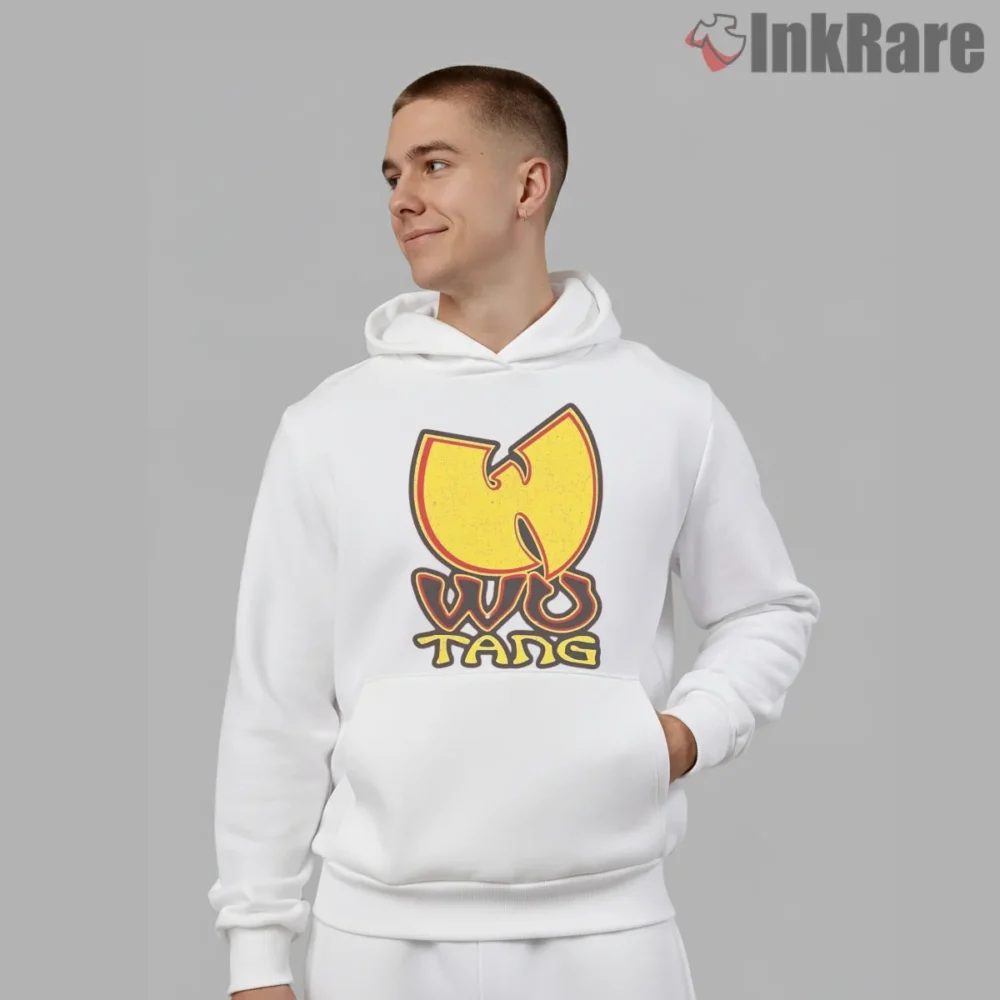 Wu Tang Yellow Vintage Outline Logo Shirt on white hoodie for men graphic tee