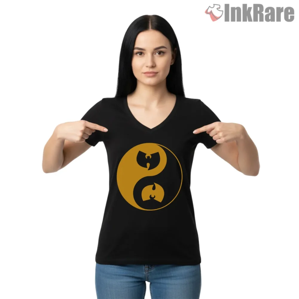 Wu Tang Yin Yang Dual Emblem Shirt on black v-neck shirt for women graphic tee