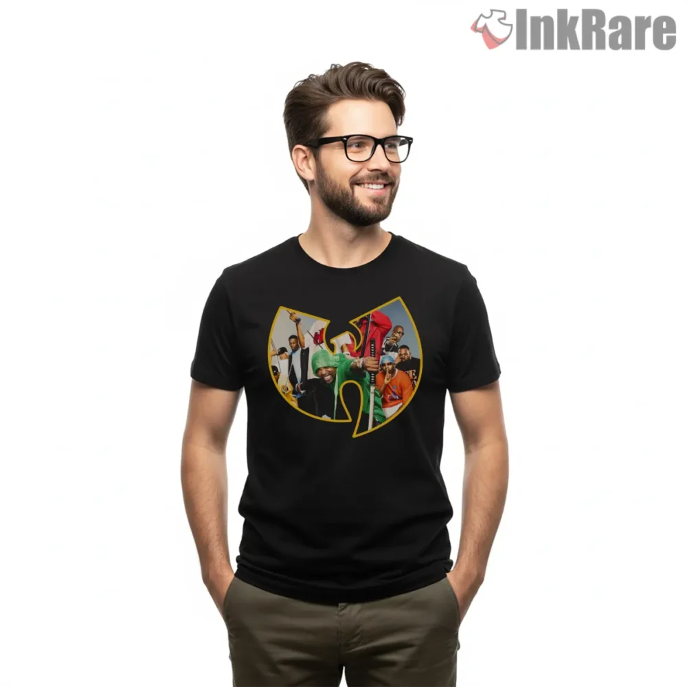 Wu Team Elite Sword Collage Shirt on black short sleeve shirt for men graphic tee