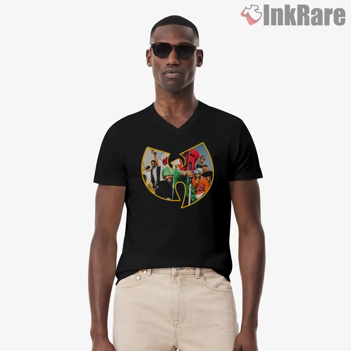 Wu Team Elite Sword Collage V Neck Black Wu Team Elite Sword Collage Shirt on black v-neck shirt for men graphic tee