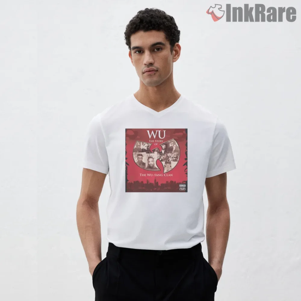 Wu The Story Red Album Collage Poster Shirt on white v-neck shirt for men graphic tee