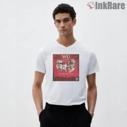 Wu The Story Red Album Collage Poster Shirt on white v-neck shirt for men graphic tee