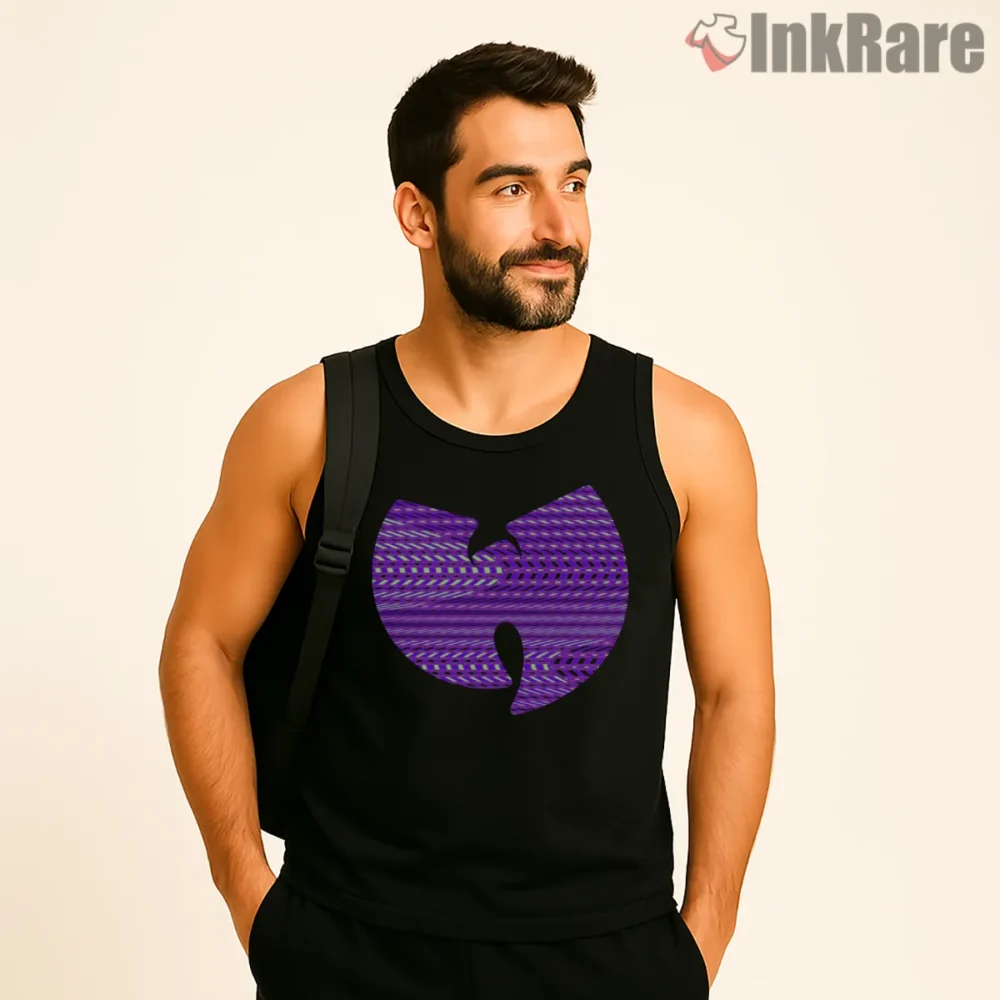 Wutang Purple Glitch Texture Logo Shirt on black tank top for men graphic tee