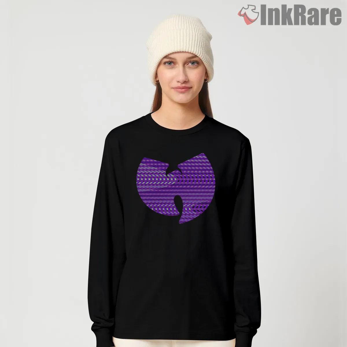 Wutang Purple Glitch Texture Logo Long Sleeve Black Wutang Purple Glitch Texture Logo Shirt on black long sleeve shirt for women graphic tee