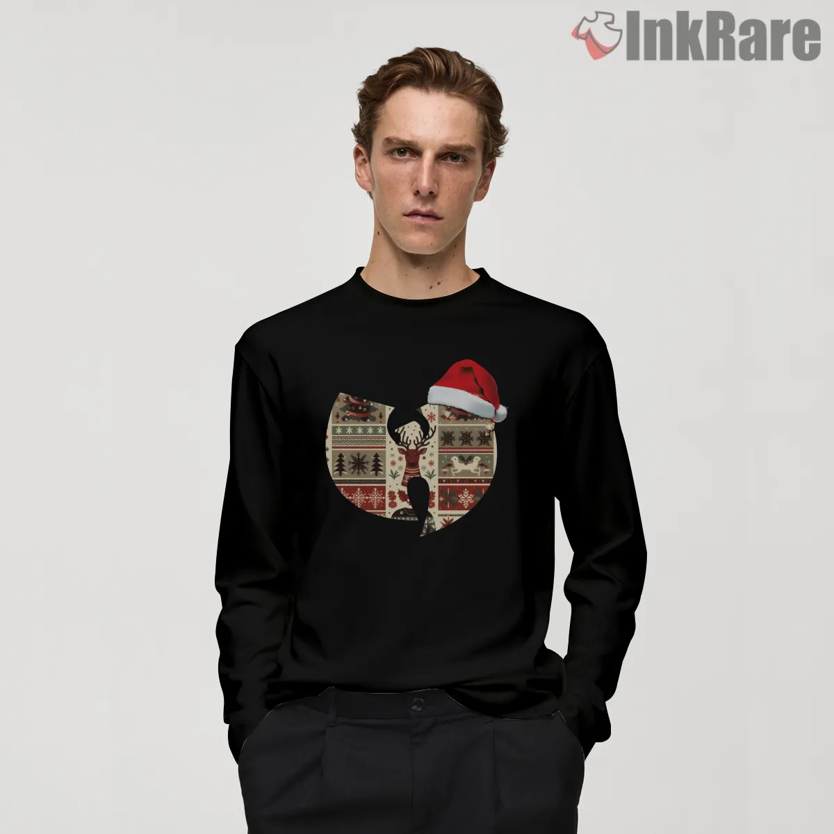 Wutang Reindeer Knit Holiday Emblem Shirt on black long sleeve shirt for men graphic tee