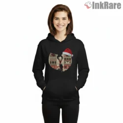 Wutang Reindeer Knit Holiday Emblem Shirt on black hoodie for women graphic tee