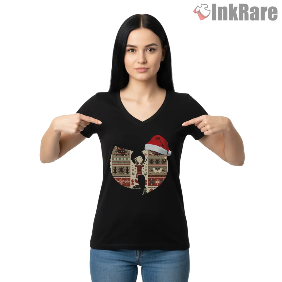 Wutang Reindeer Knit Holiday Emblem V Neck Black Wutang Reindeer Knit Holiday Emblem Shirt on black v-neck shirt for women graphic tee