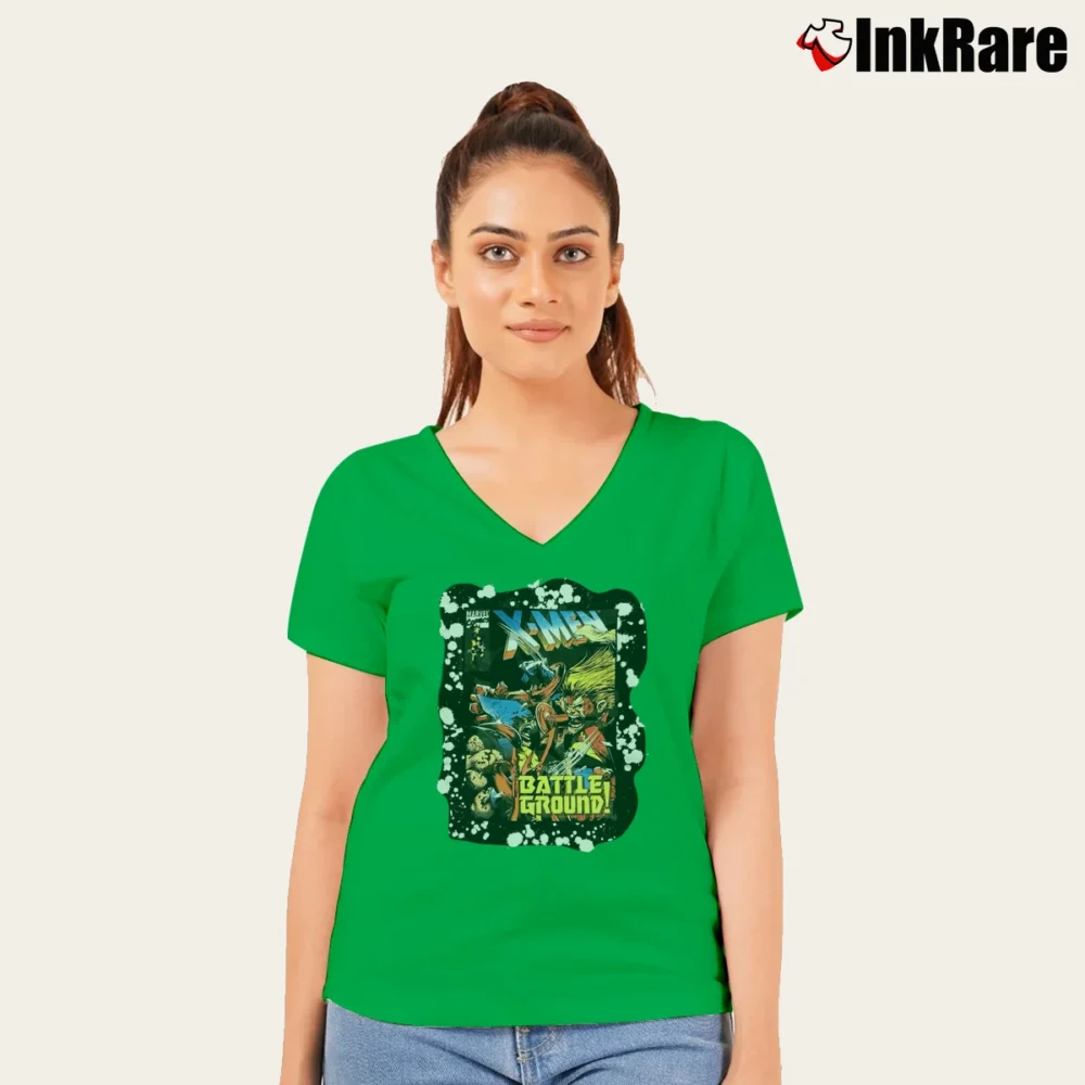 Women’s X - men Battleground Pocket Marvel Comic V-Neck Tee in irish green | Chic Neckline, Soft Texture