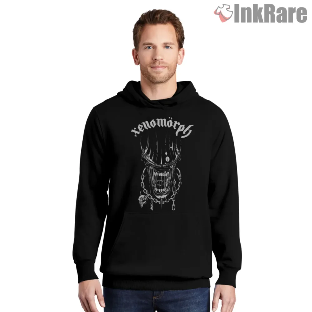 Black hoodie featuring Xenomorph Motorhead mashup head with chains and fangs