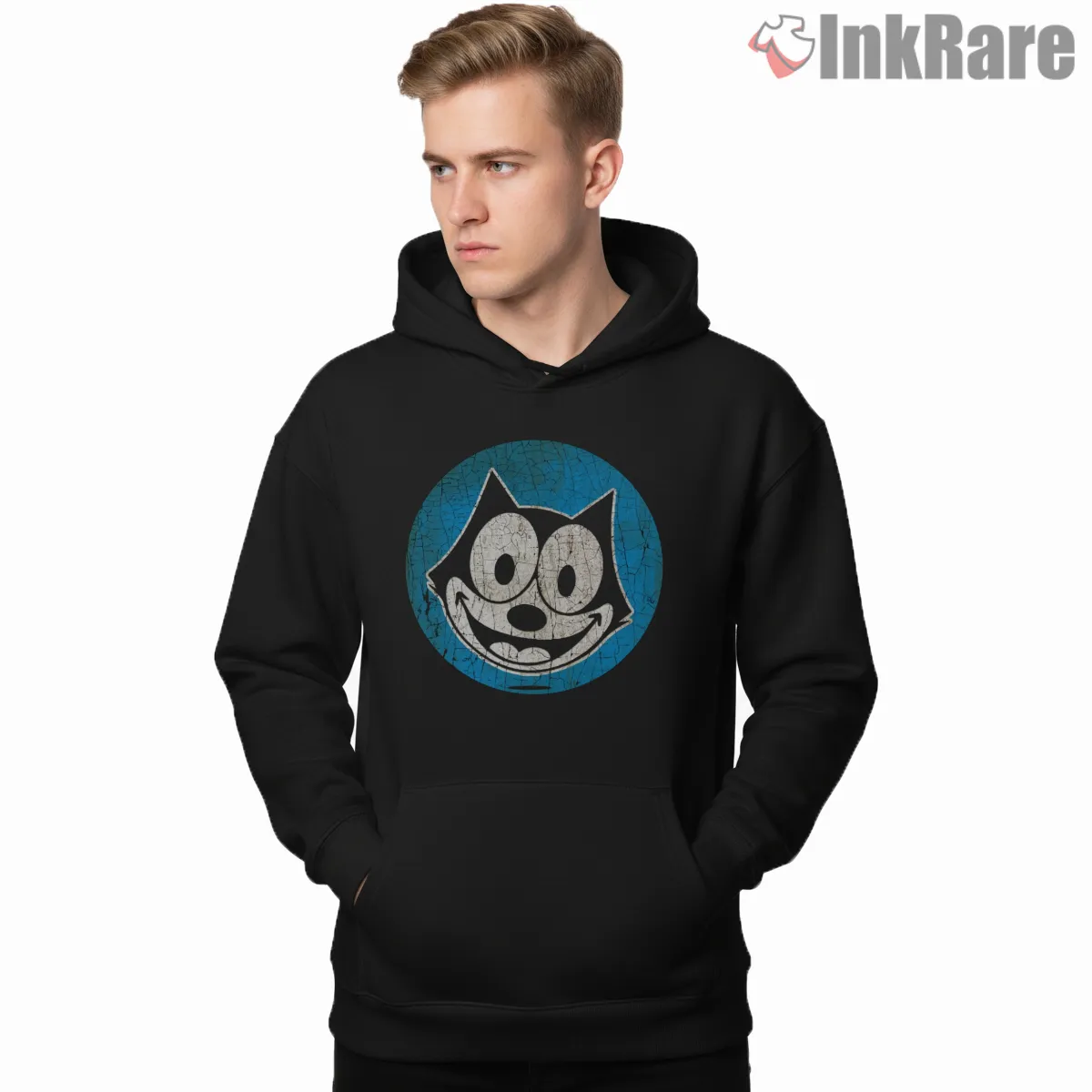 Xoxo Felix The Cat Blue Circle Shirt on black hoodie for men graphic tee