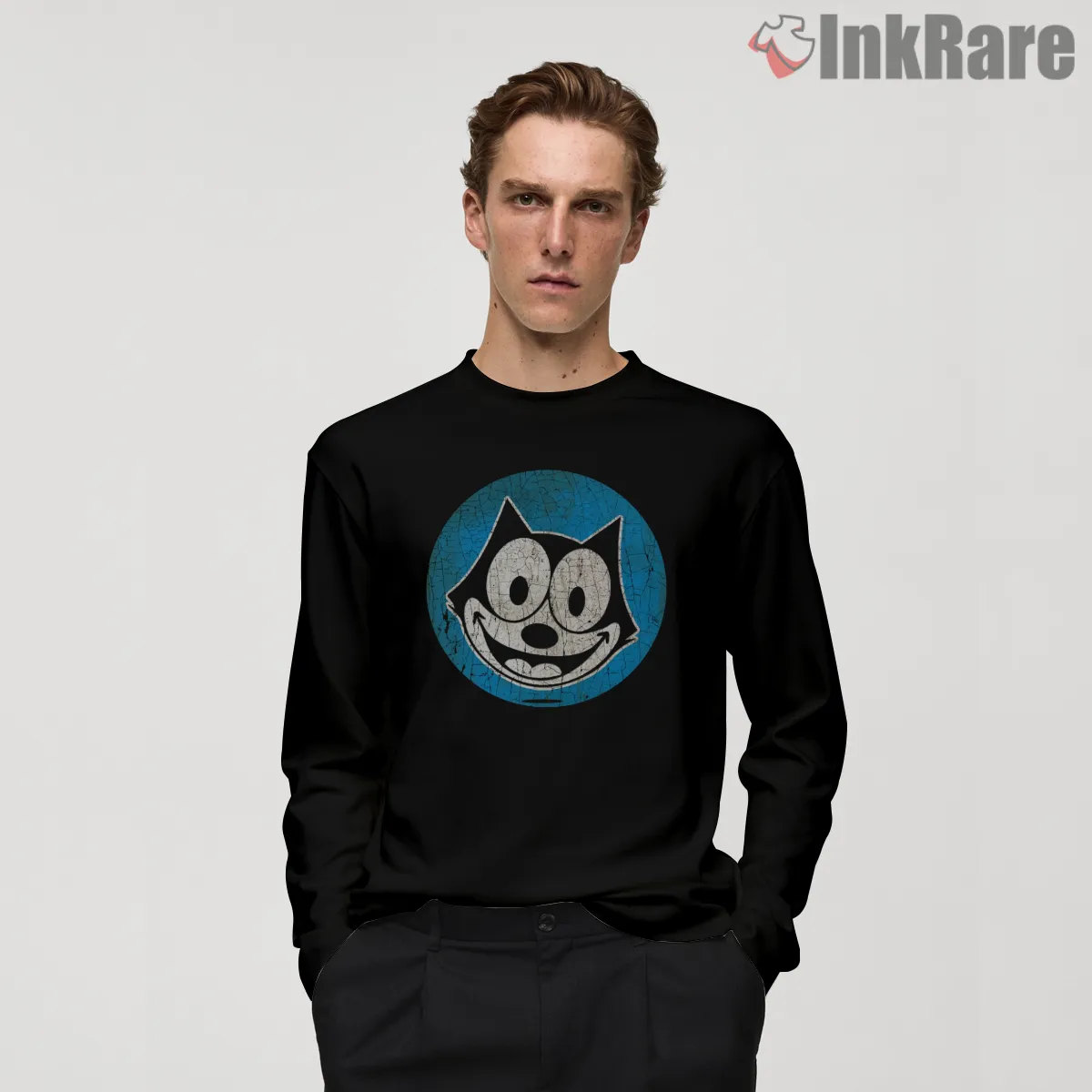 Xoxo Felix The Cat Blue Circle Long Sleeve Black Xoxo Felix The Cat Blue Circle Shirt on black long sleeve shirt for men graphic tee