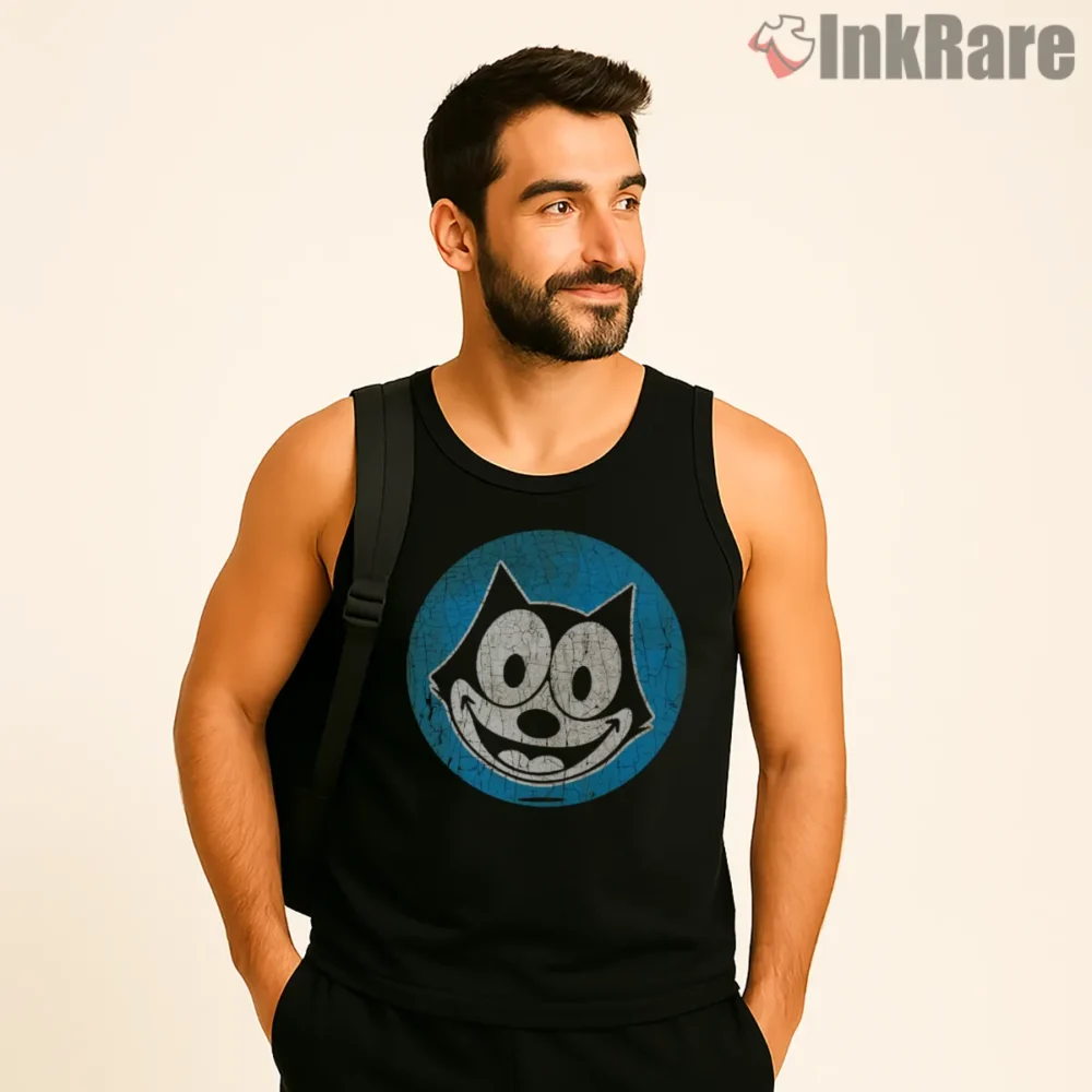 Xoxo Felix The Cat Blue Circle Shirt on black tank top for men graphic tee