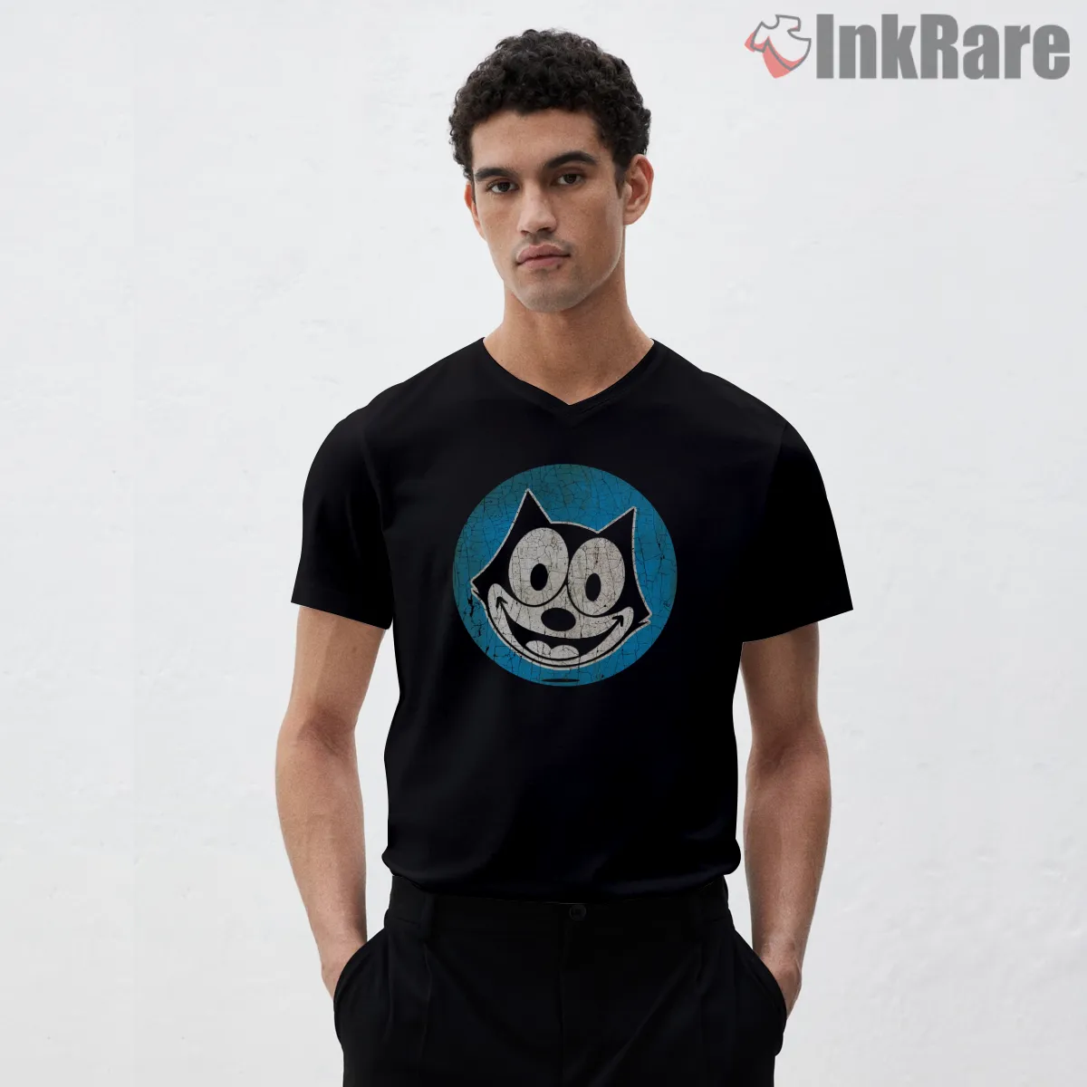 Xoxo Felix The Cat Blue Circle V Neck Black Xoxo Felix The Cat Blue Circle Shirt on black v-neck shirt for men graphic tee