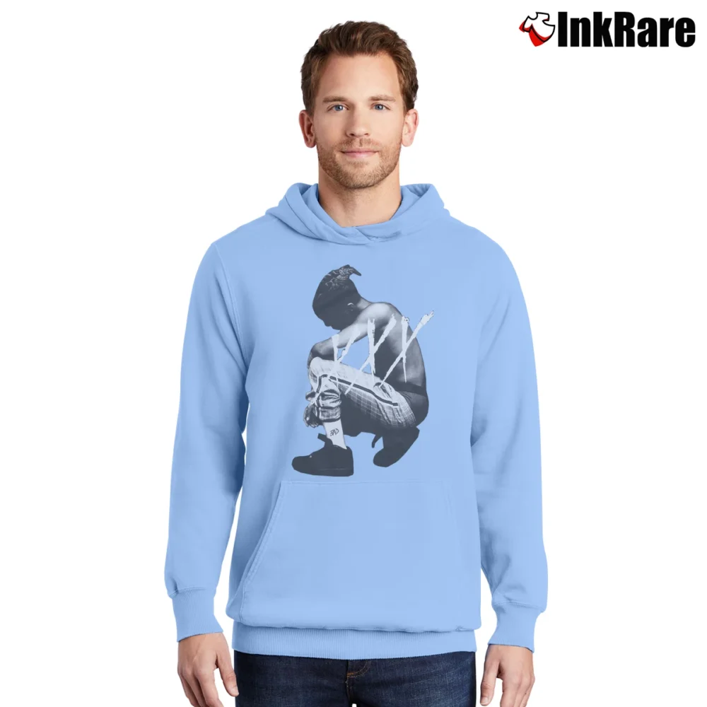 Men’s Xxxtentacion Kneeling Photo Pullover Hoodie in light blue | Cozy, Durable, Modern Fit