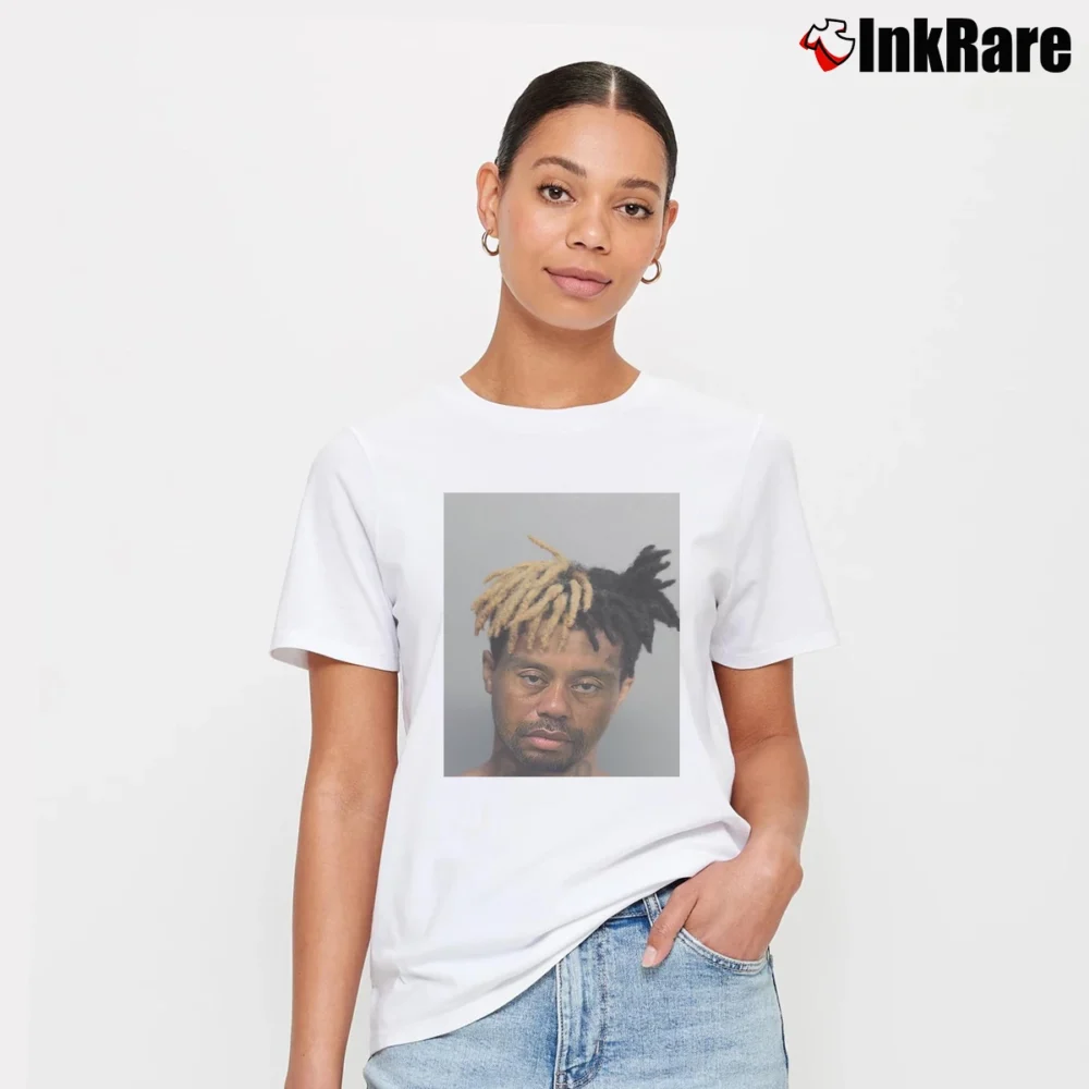 Women’s XXXTentacion Tiger Woods Mugshot Parody Signature T-Shirt in white | Soft, Flattering Fit