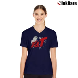 Women’s Y&T 1982 Black Tiger Tour Rock Band Graphic V-Neck Tee in navy | Chic Neckline, Soft Texture