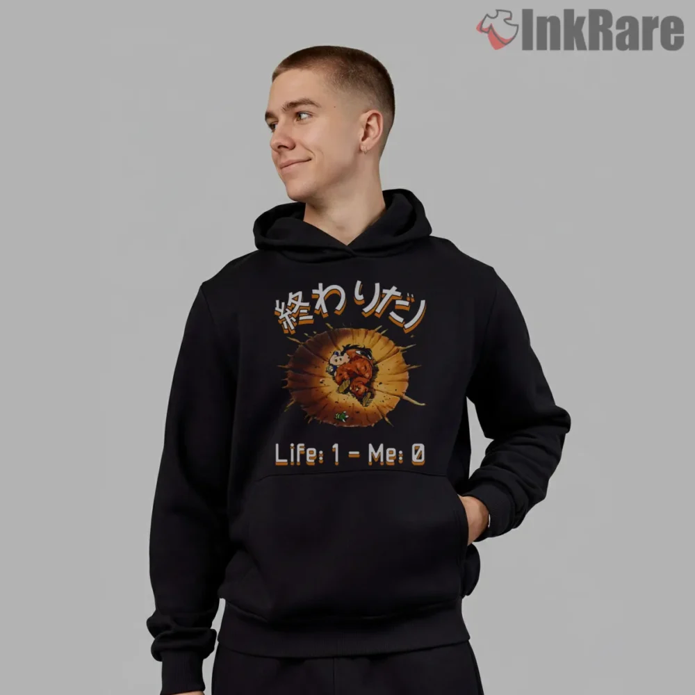 Yamcha Crater Life One Me Zero Meme Shirt on black hoodie for men graphic tee