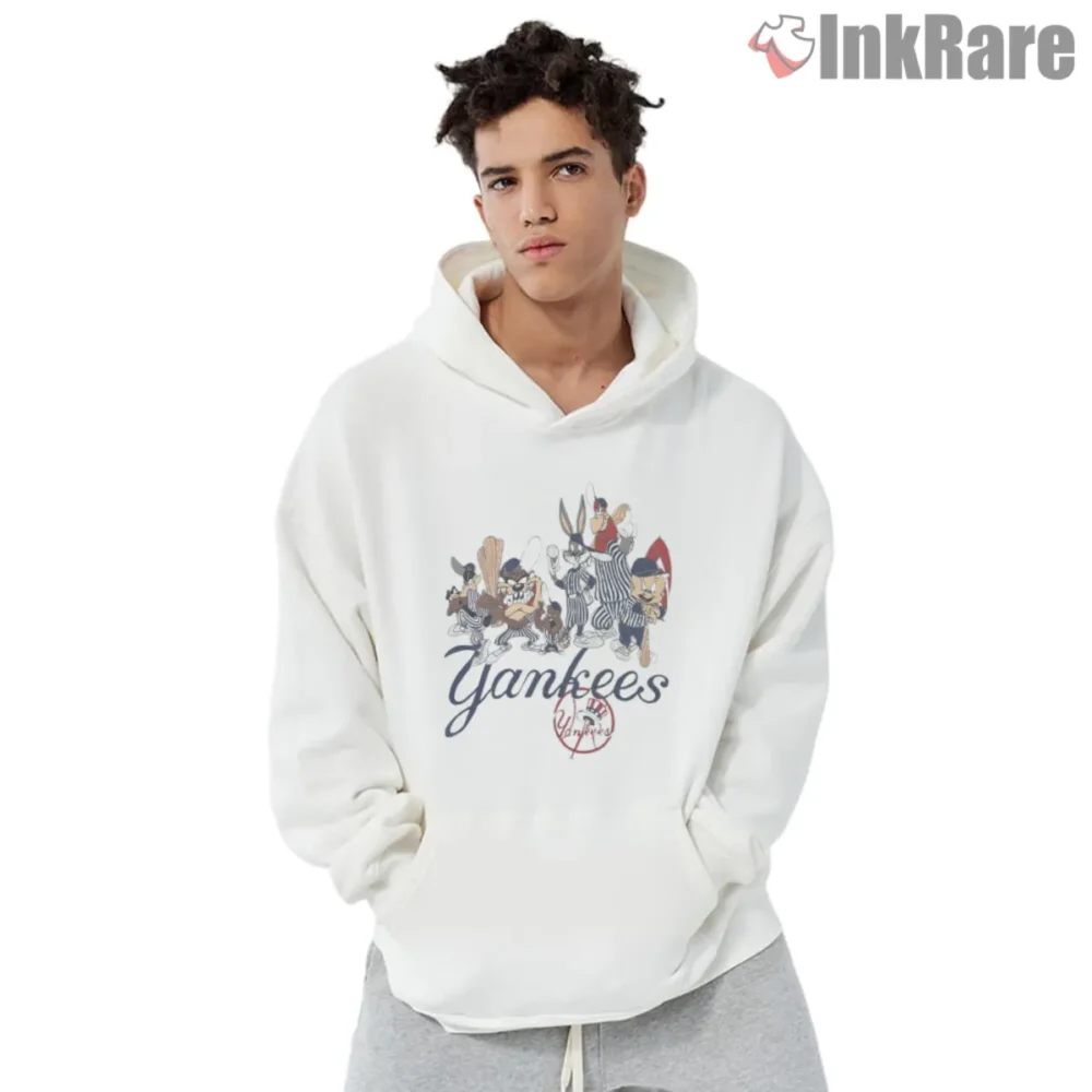 Yankees Looney Tunes Shirt with cartoon squad on white hoodie